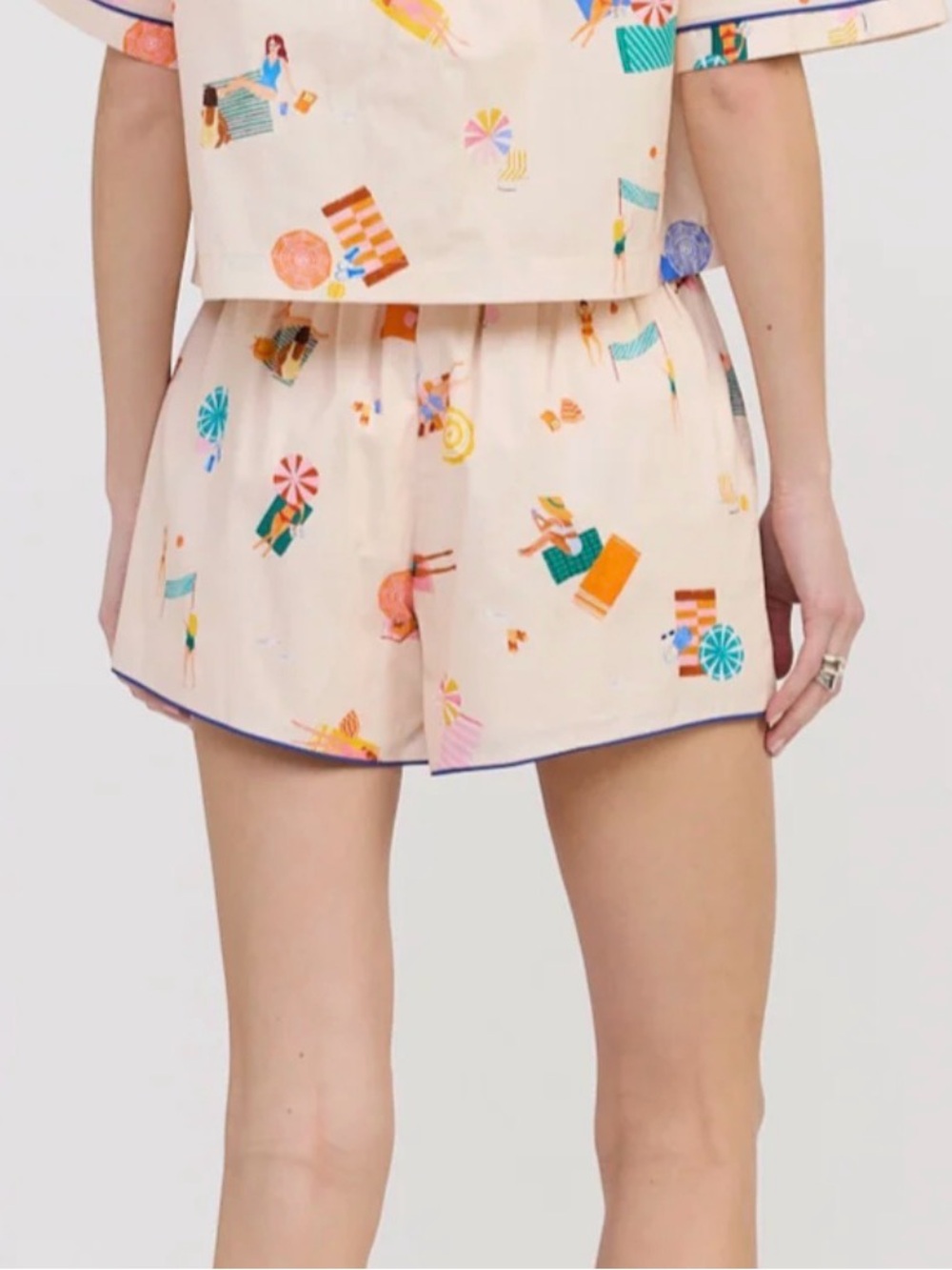 emory park Cream Beach Print High-Waist Lounge Shorts with Multicolor Accents